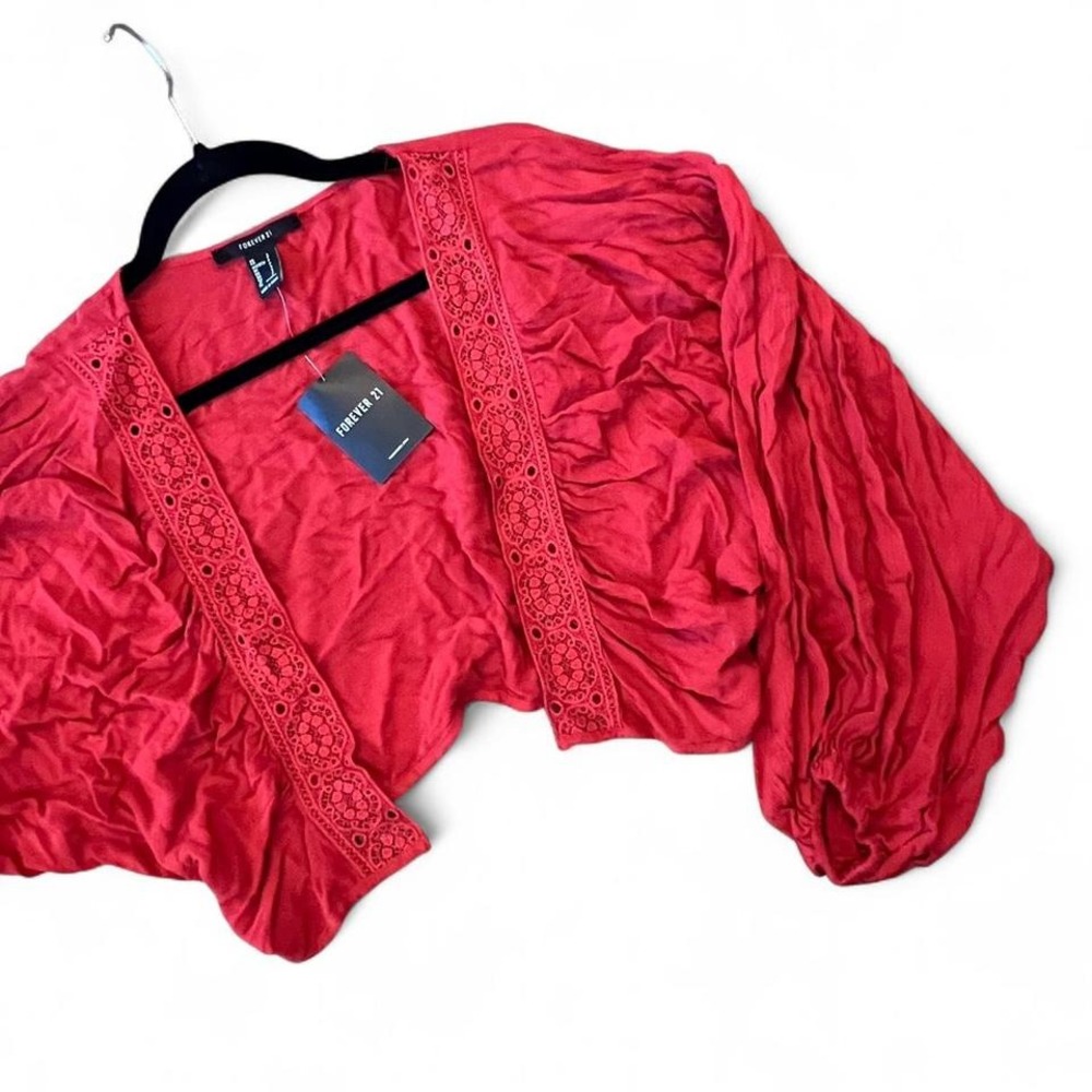 New Forever 21 red cardigan eyelet lace trim balloon arms cuffed womens size S